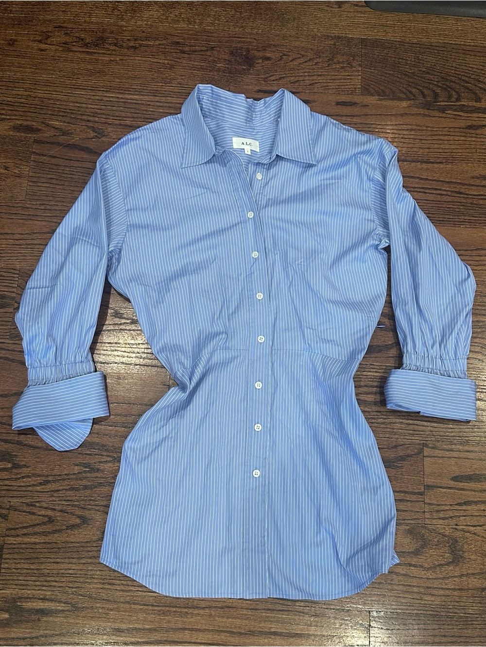 A.L.C. Light Blue and White Pinstripe Button-Up Shirt